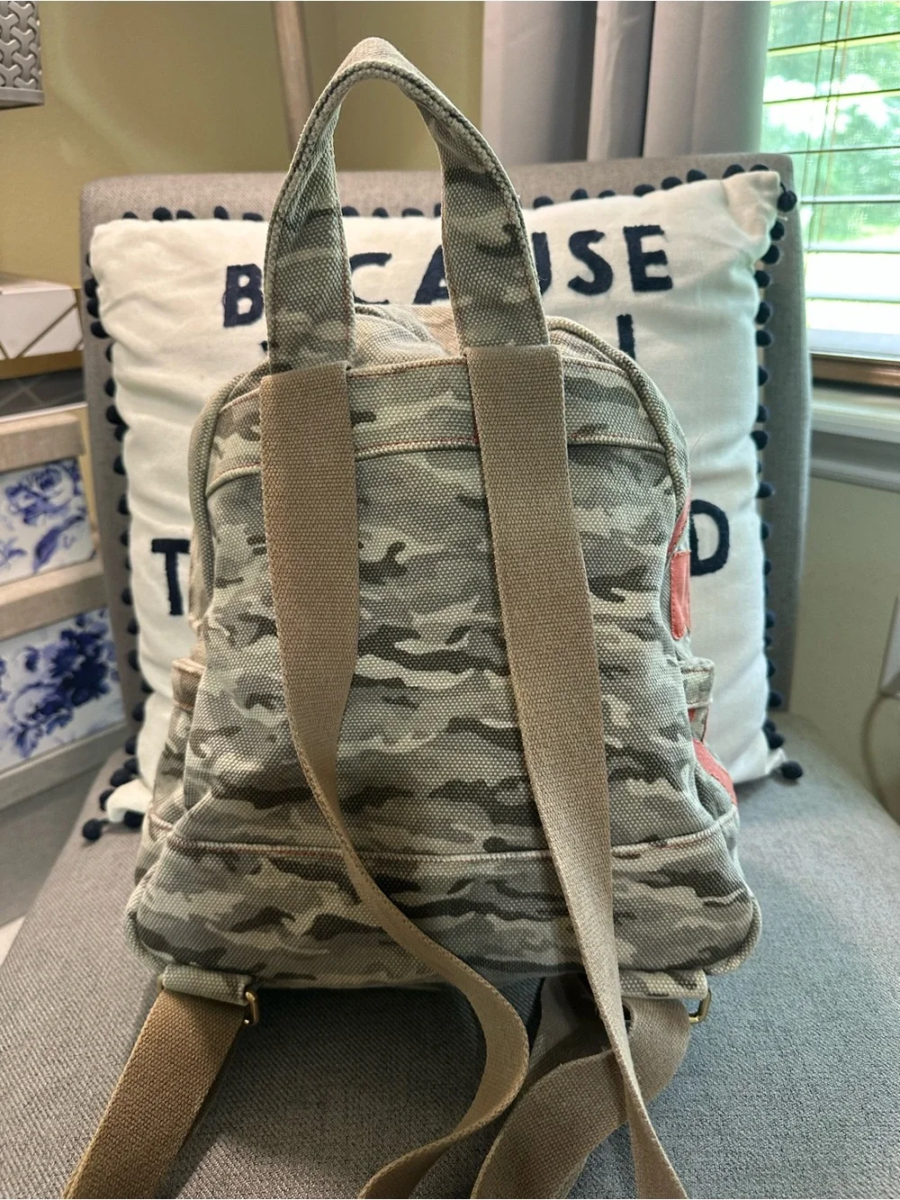 Tory Burch Camo Canvas Backpack with Red/Orange Accent